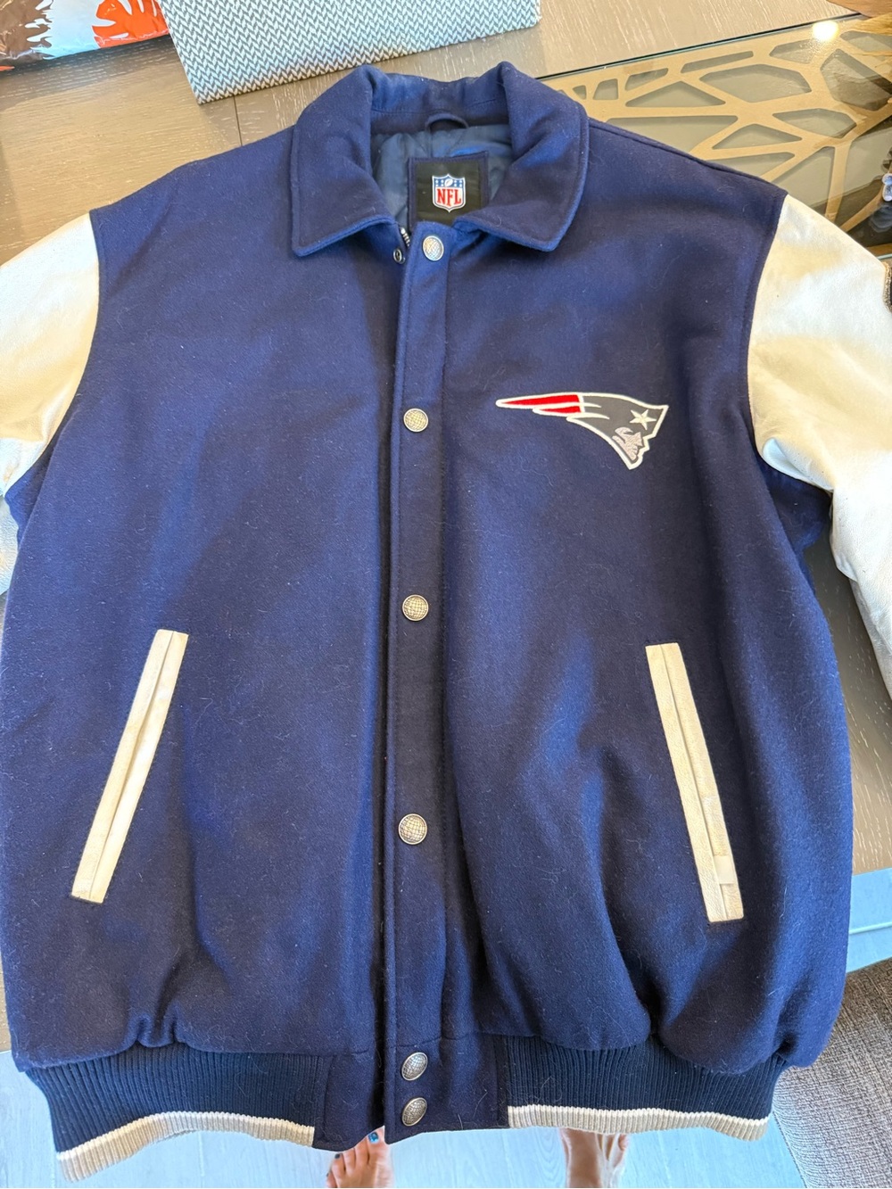 NFL Navy and White Leather sleeved Patriots Varsity Jacket